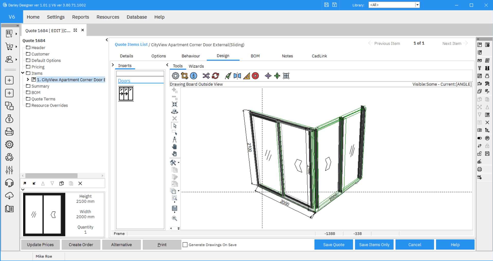 Darley Designer window and door estimating software quote screen showing a CityView Apartment Corner Door design