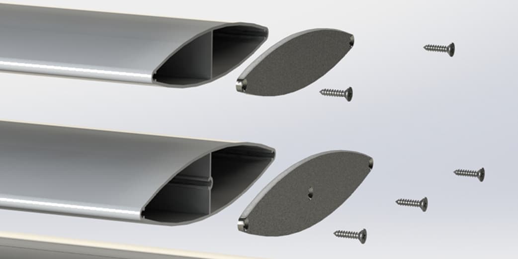 FLV fixed louvre blade endcaps with fixing screws, exploded rendered view