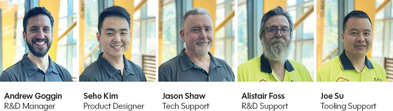 The Darley Aluminium R&D team: Andrew Goggin (R&D Manager), Seho Kim (Product Designer), Jason Shaw (Tech Support), Alistair Foss (R&D Support) and Joe Su (Tooling Support)
