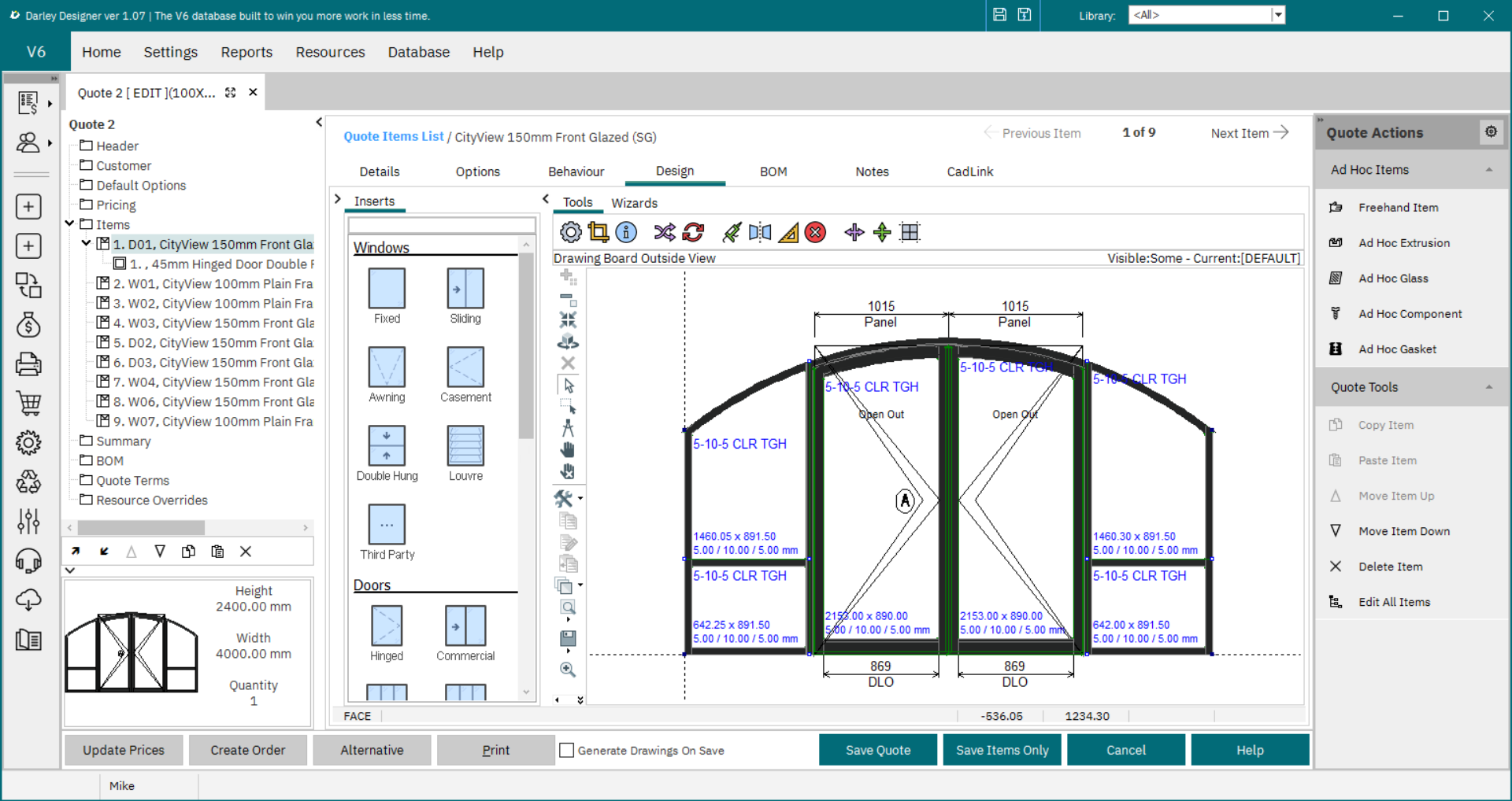 Darley Designer V6 quote screen, with an arched CityView door on the drawing board